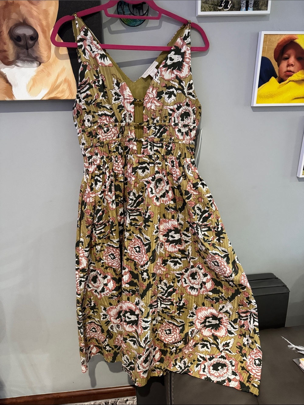 Caroline Constas Olive Floral Midi Dress with Pink Accents Size M - NWT